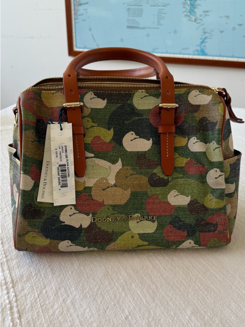 Dooney & Bourke Multicolor Duck-Print Satchel with Brown Leather Trim